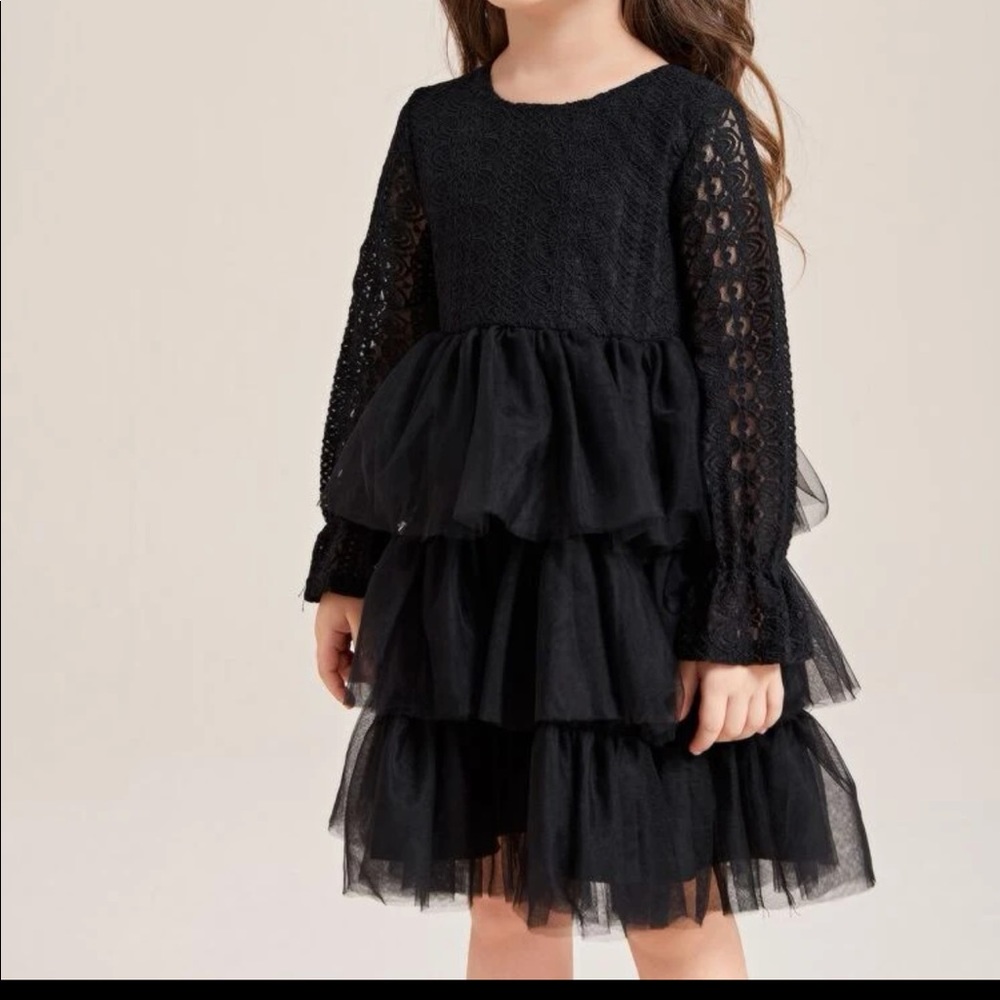 Lace Layered Mesh Black Dress